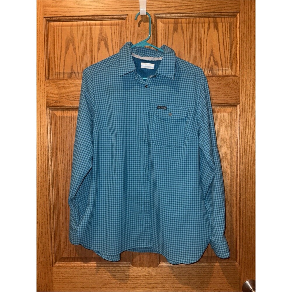 Columbia Women’s LS Button Up Shirt Blue Teal Gingham Plaid Med Omni-Shade